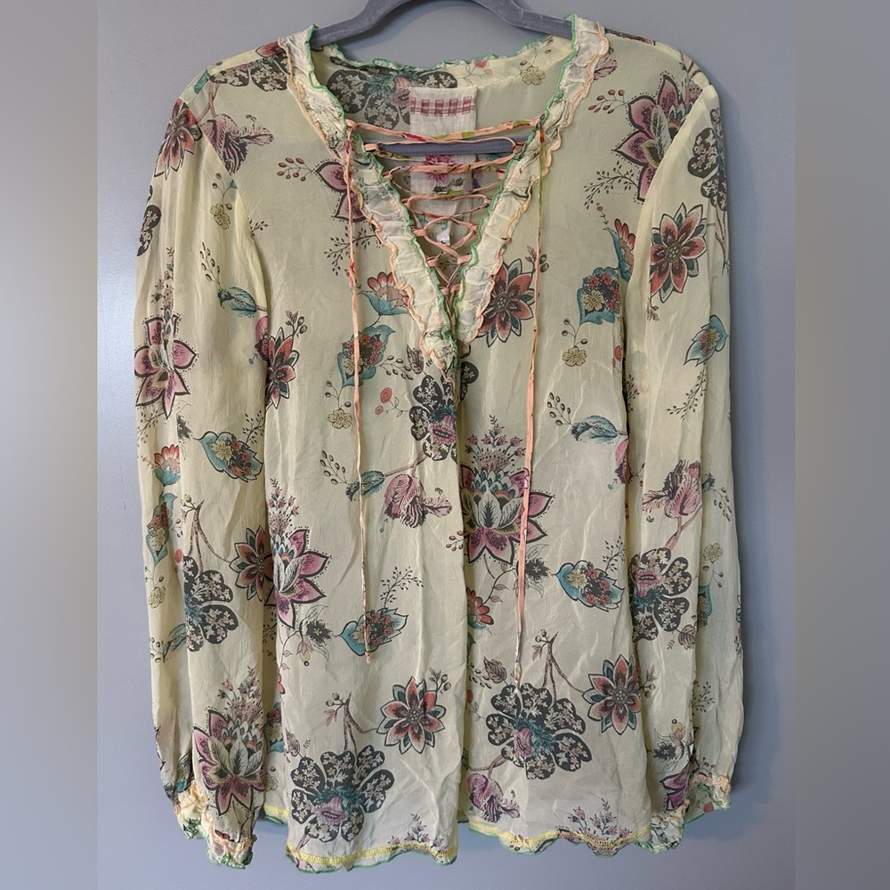 Johnny Was Cream Floral Lace-Up Blouse